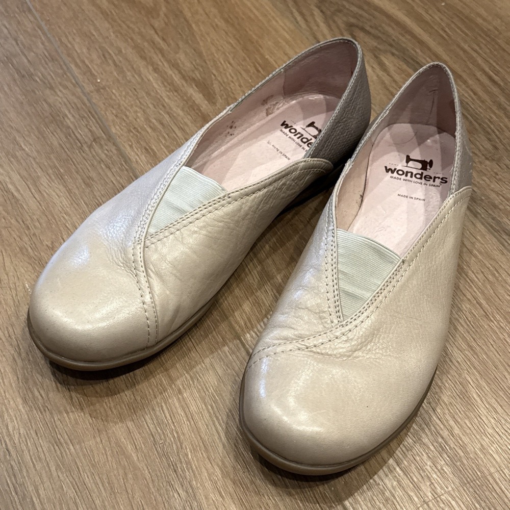 Wonders Shoes, Spain, Taupe&Gray Leather/elastic Slip On,  Coastal Quality EUC